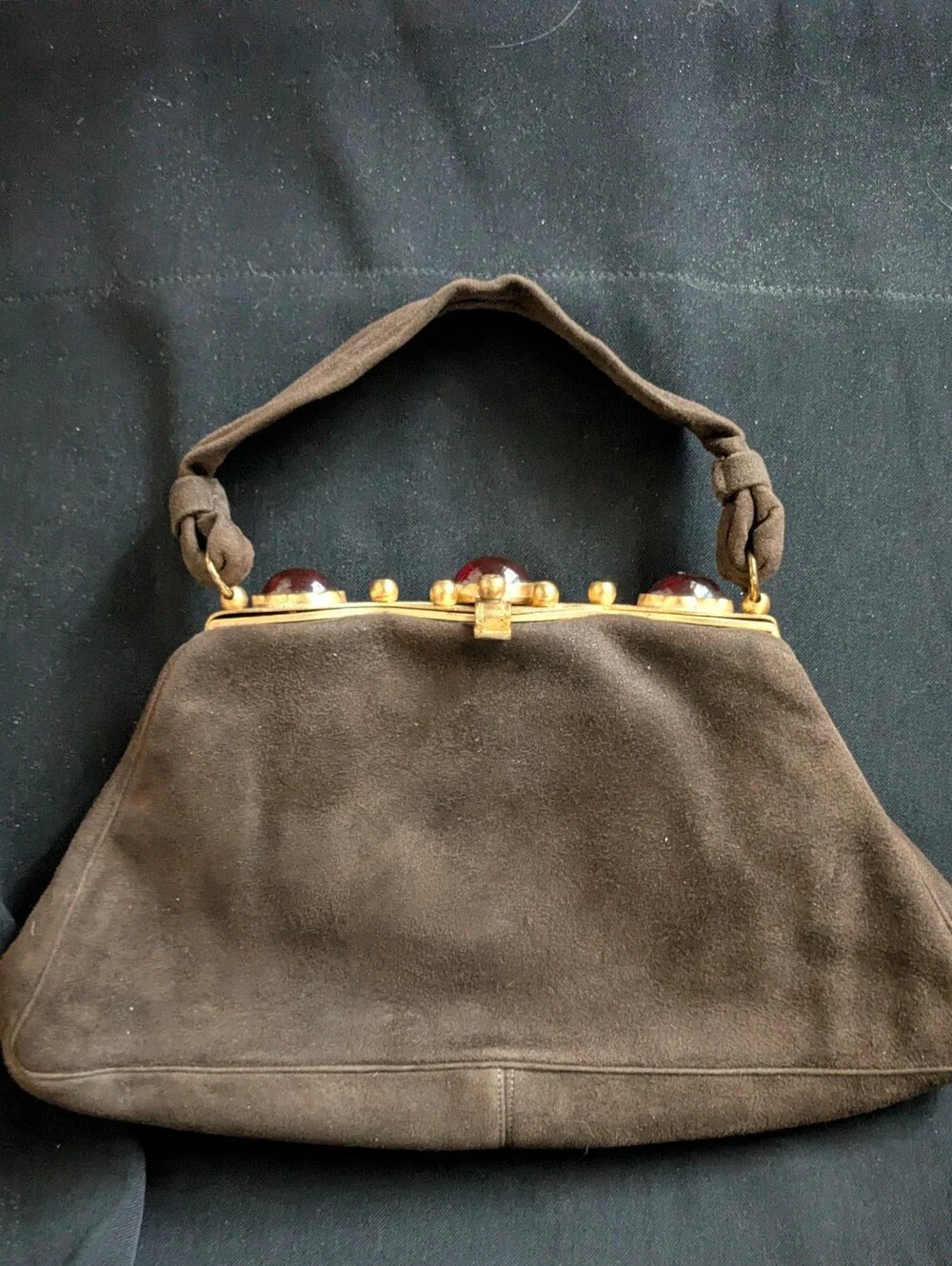 Vintage Mid-Century Jules Jolles Suede Handbag – Ruby Glass Cabochon Frame